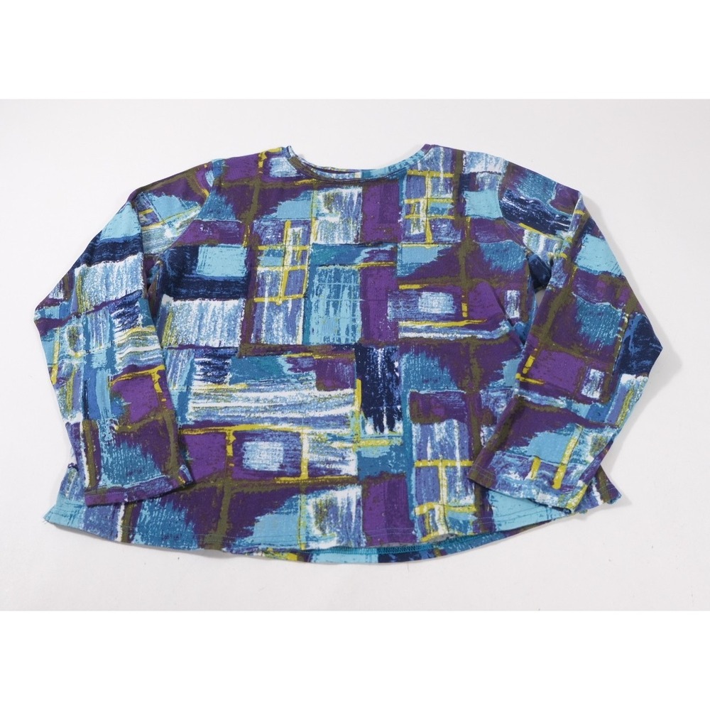 Westbound Top Women 1X Purple Blue Abstract Geometric Long Sleeve Cotton Shirt